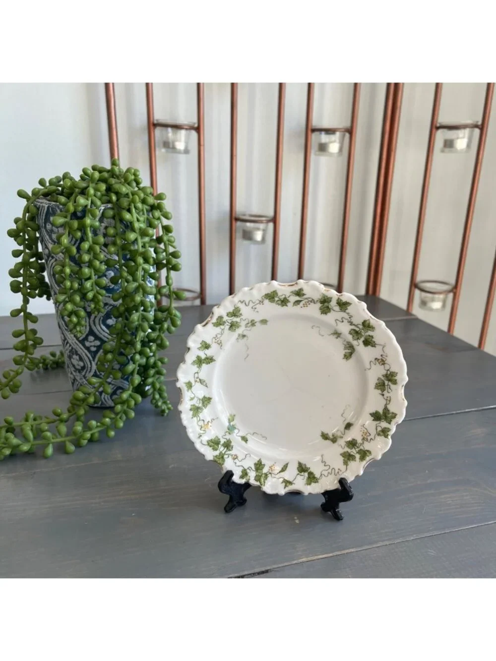Antique Limoges Salad Dessert Plate Green Ivy Pattern Scalloped Edges